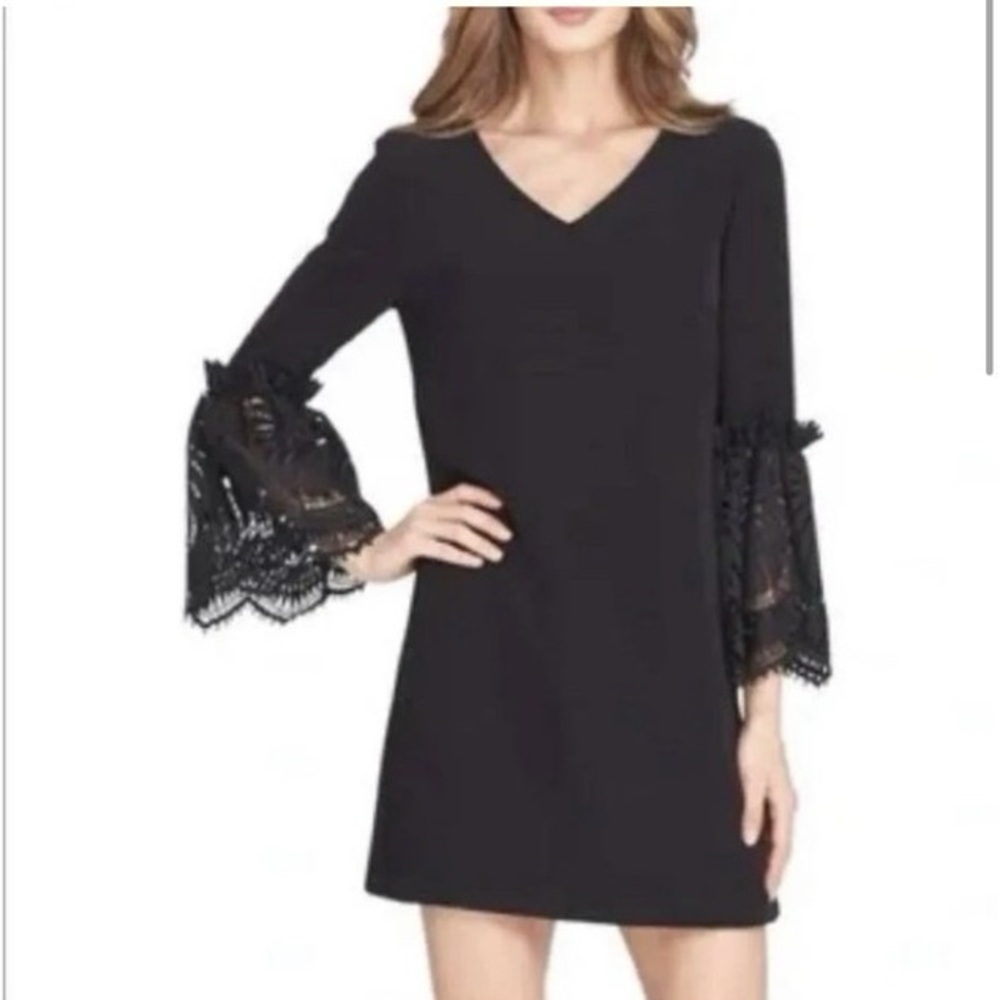 Tahari ASL Black Lace Bell-Sleeve Shift Dress - 16